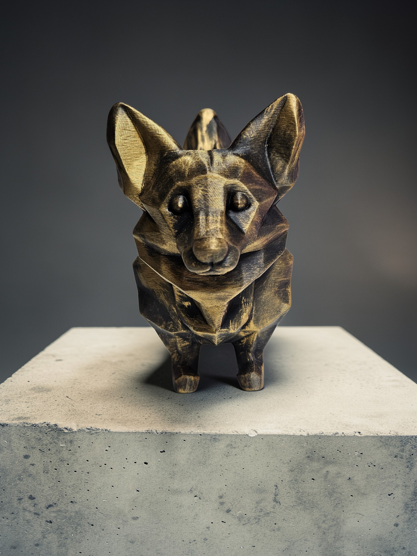 3D Printed Geometric Dog Statue (Black and Gold)